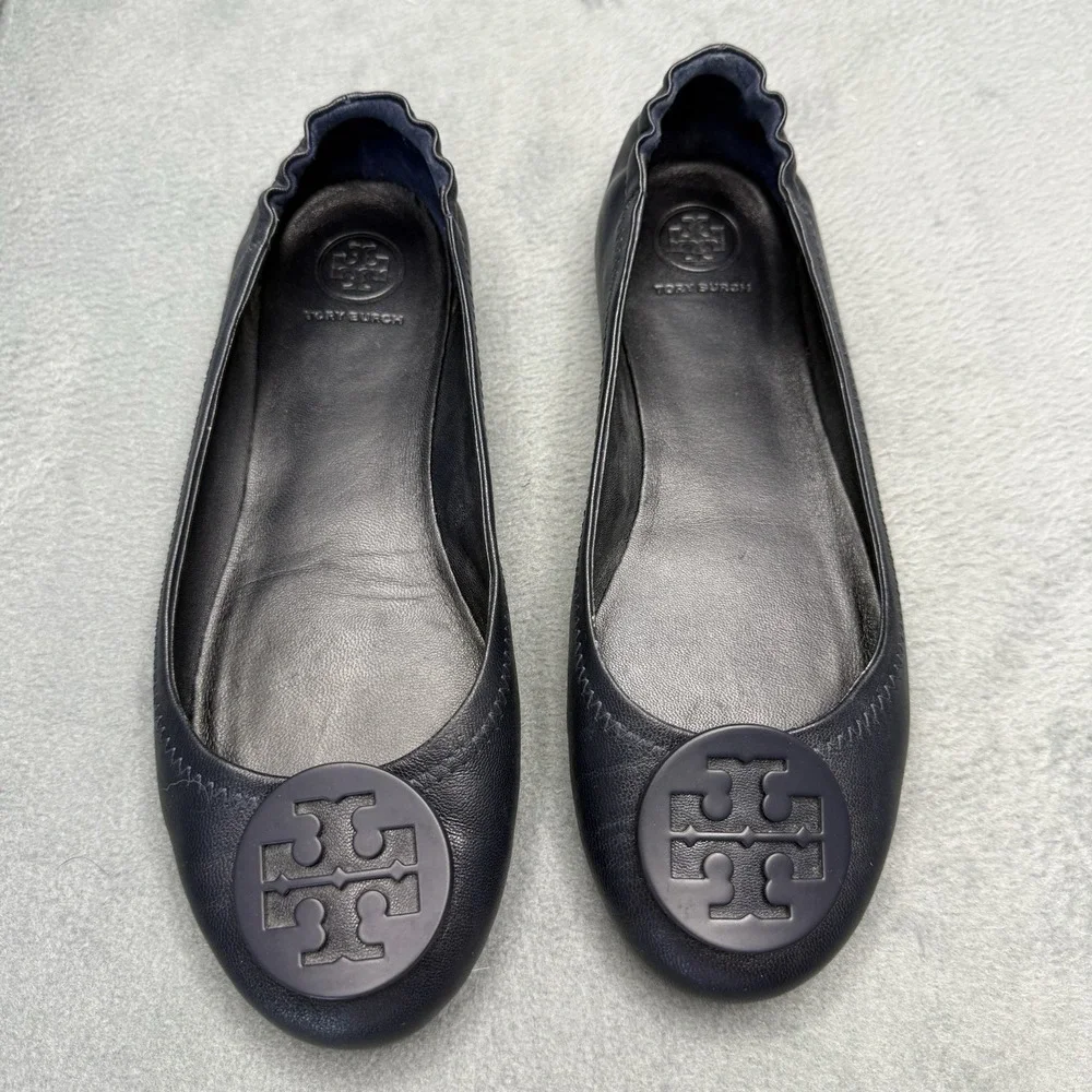 Tory Burch Minnie Travel Ballet Flats Women's 7.5 Navy Blue Leather Logo Shoes